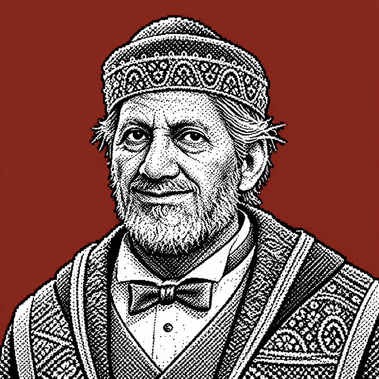 The Monarcy portrait — an engraved archivist on a brick-red ground